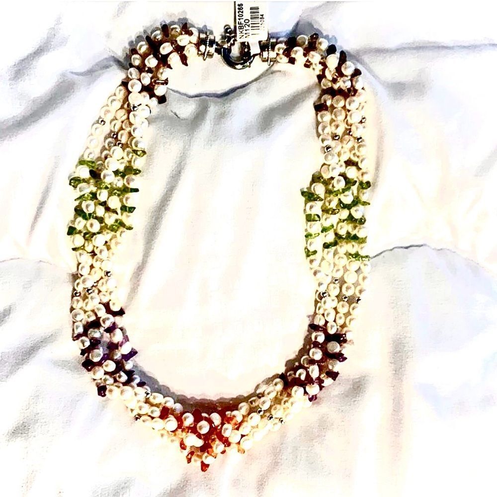 Fresh water pearl 5 strand necklace precious stones 18 inch Base metal Clasp